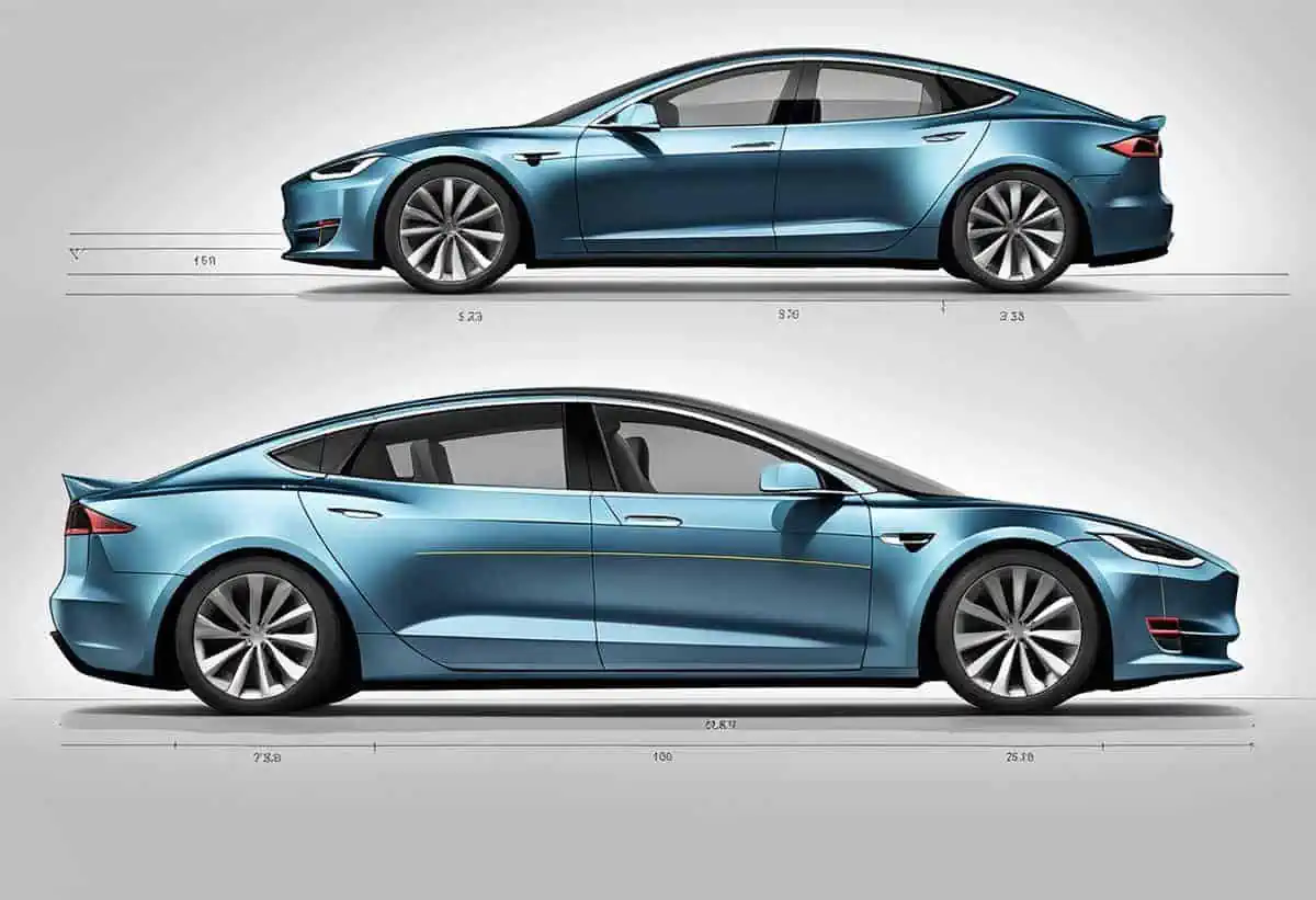 an illustration of a blue metallic tesla electric car shown on both lateral sides