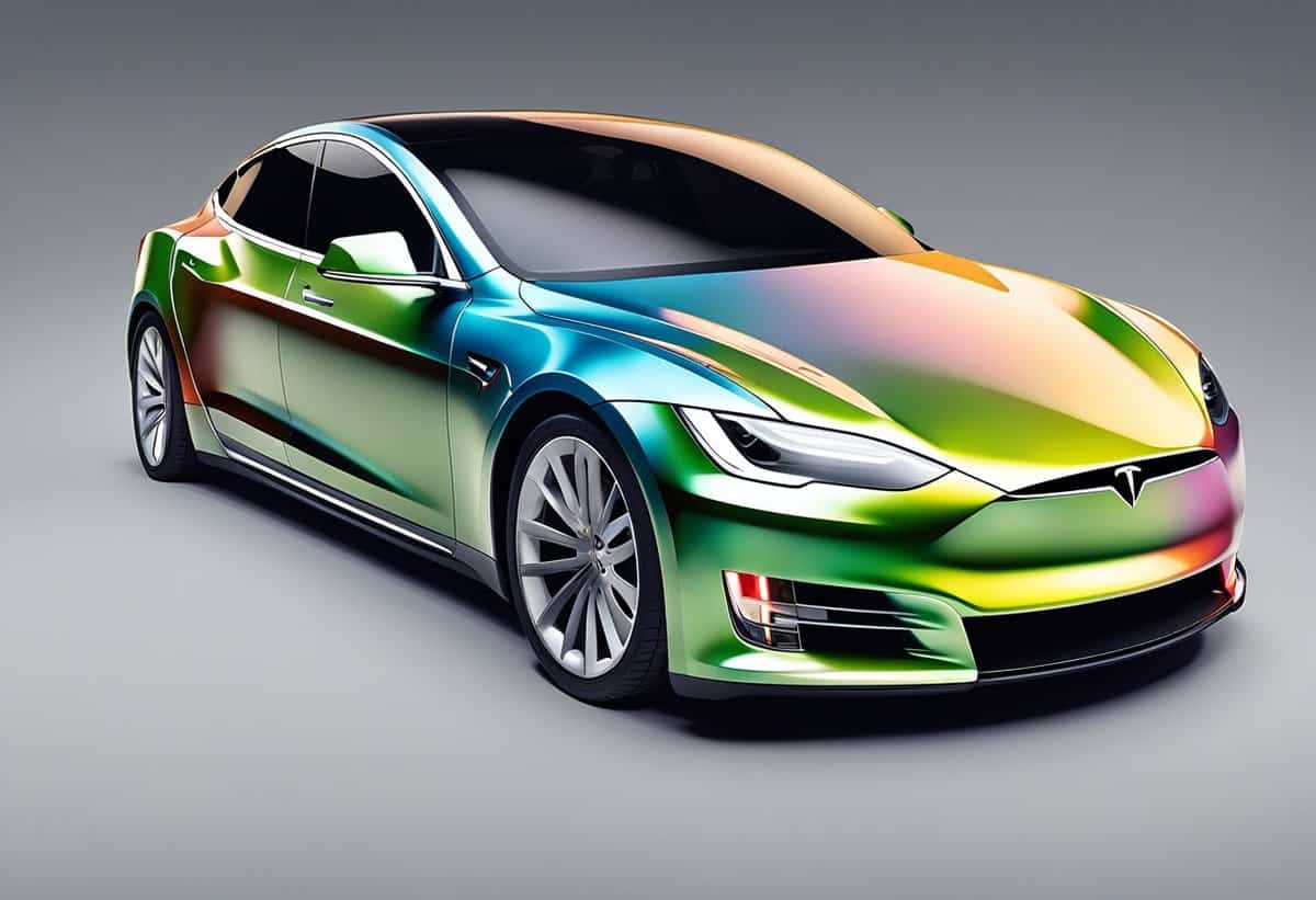 a concept illustration of how a tesla electric car might look with a multicolored metallic wrap