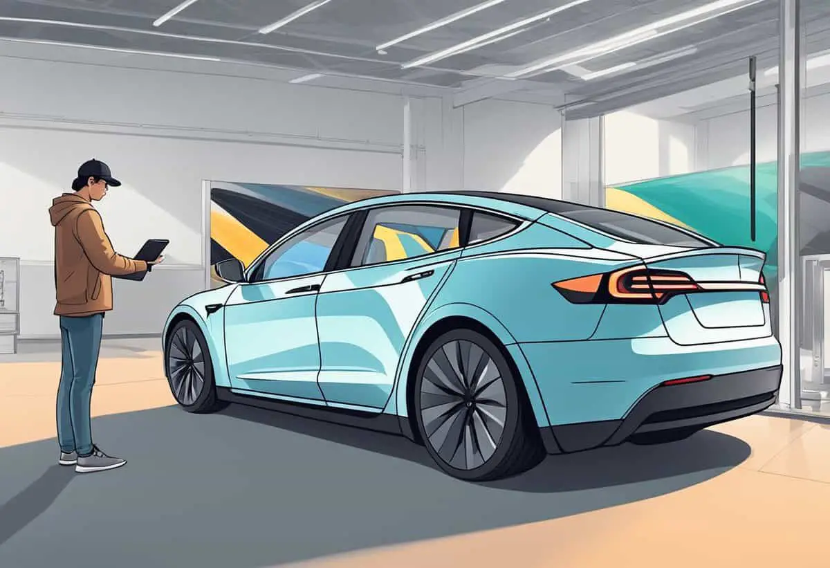 an illustration of a tesla owner holding a tablet standing beside his newly wrapped tesla electric car in a wrapping shop