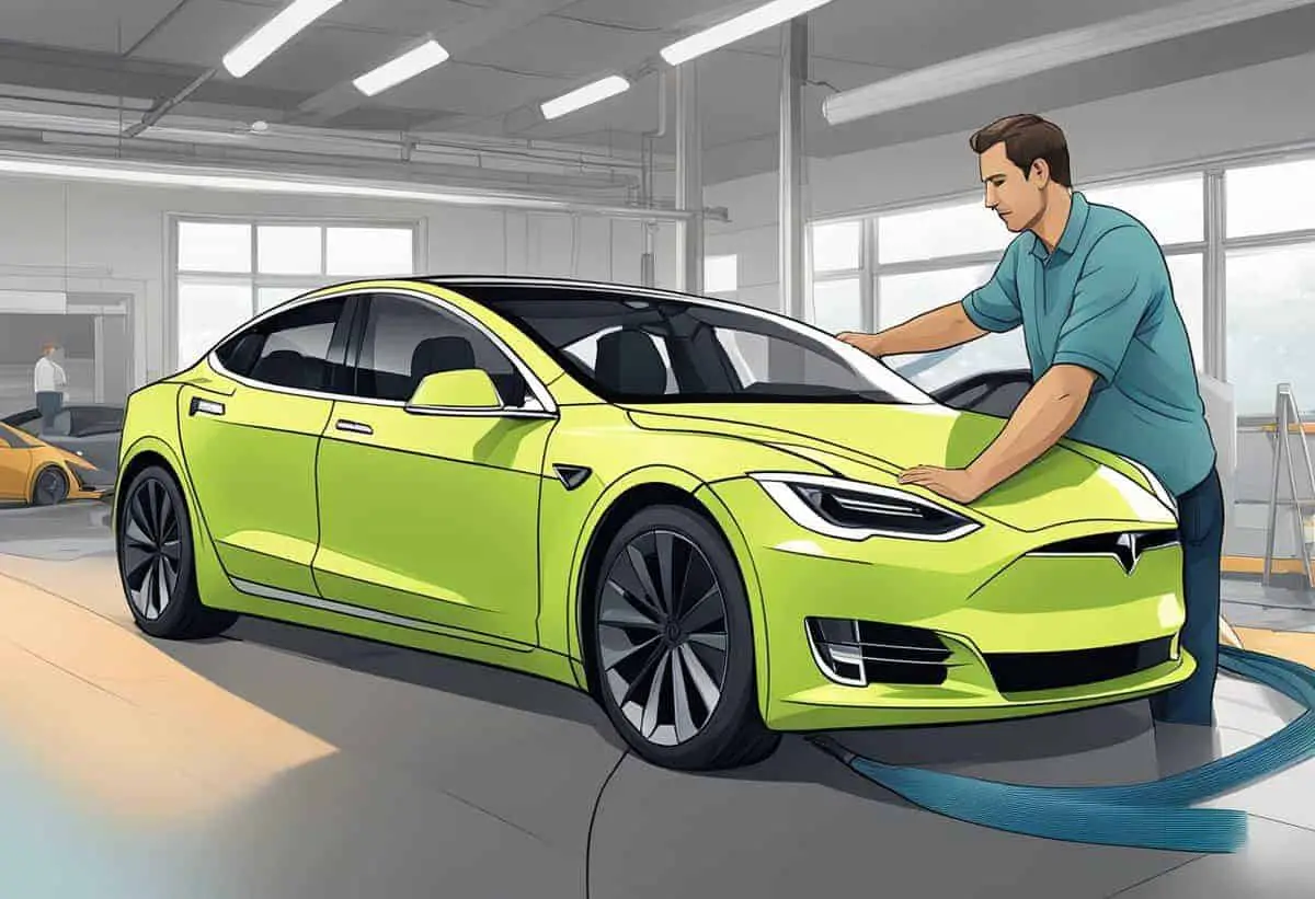 an illustration of a technician performing a tesla electric car wrap operataion in. a workshop