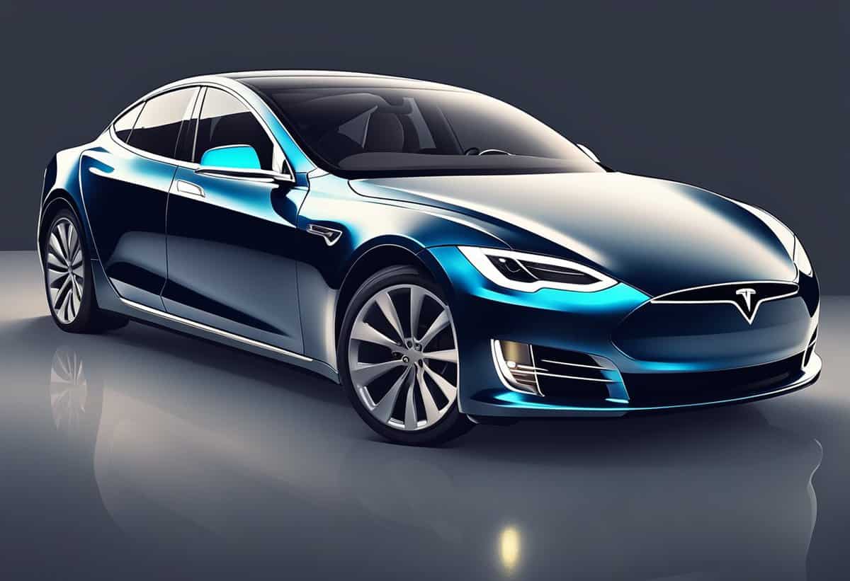 an illustration of a metallic blue tesla electric car parked in a showroom