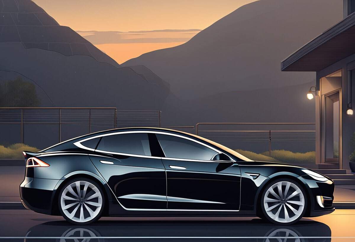an illustration of a sleek shiny black tesla electric car parked on the roadside at sunset with mountains silhouetted in the distance