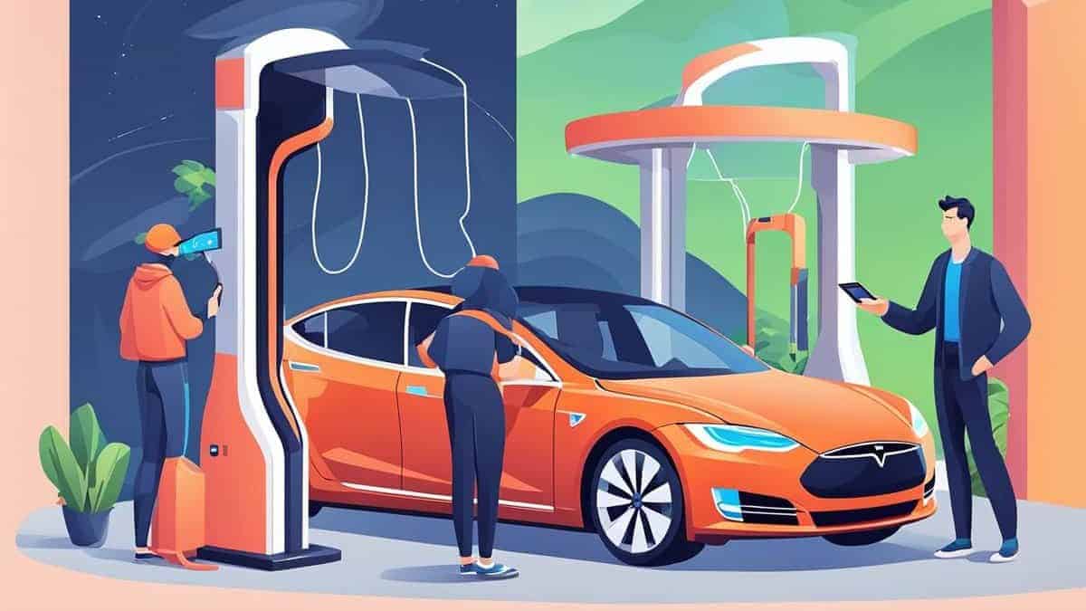 vector image of an orange tesla electric car at a charging station