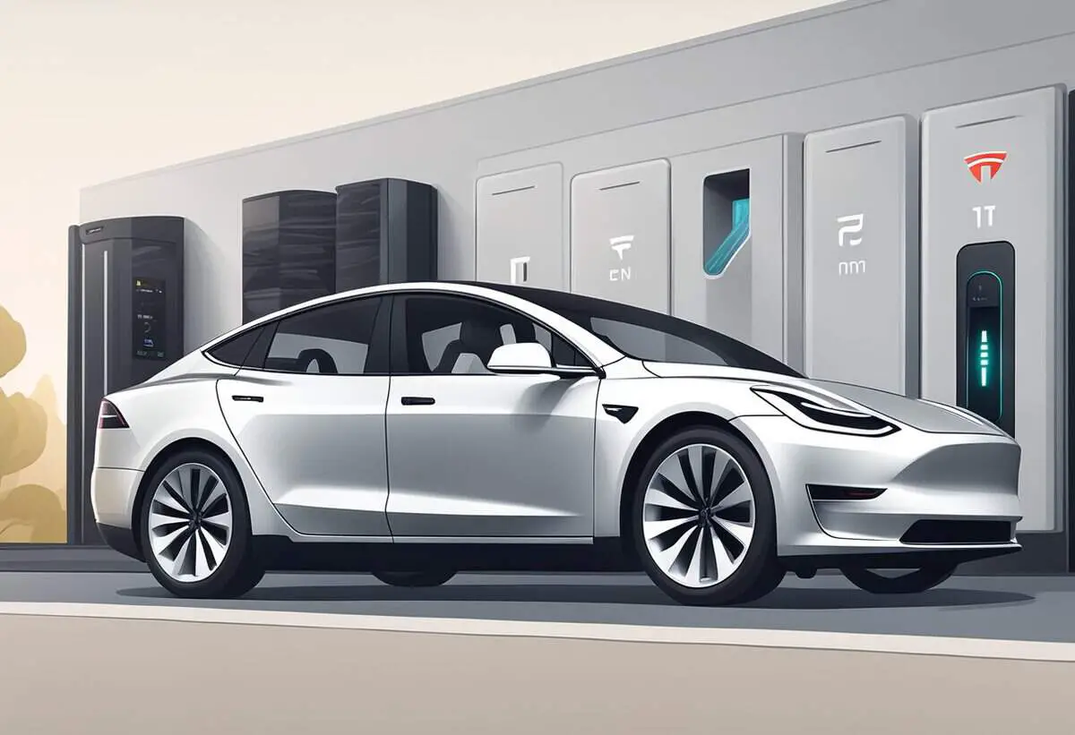 an illustration of a silver metallic tesla electric car parked at a charging station