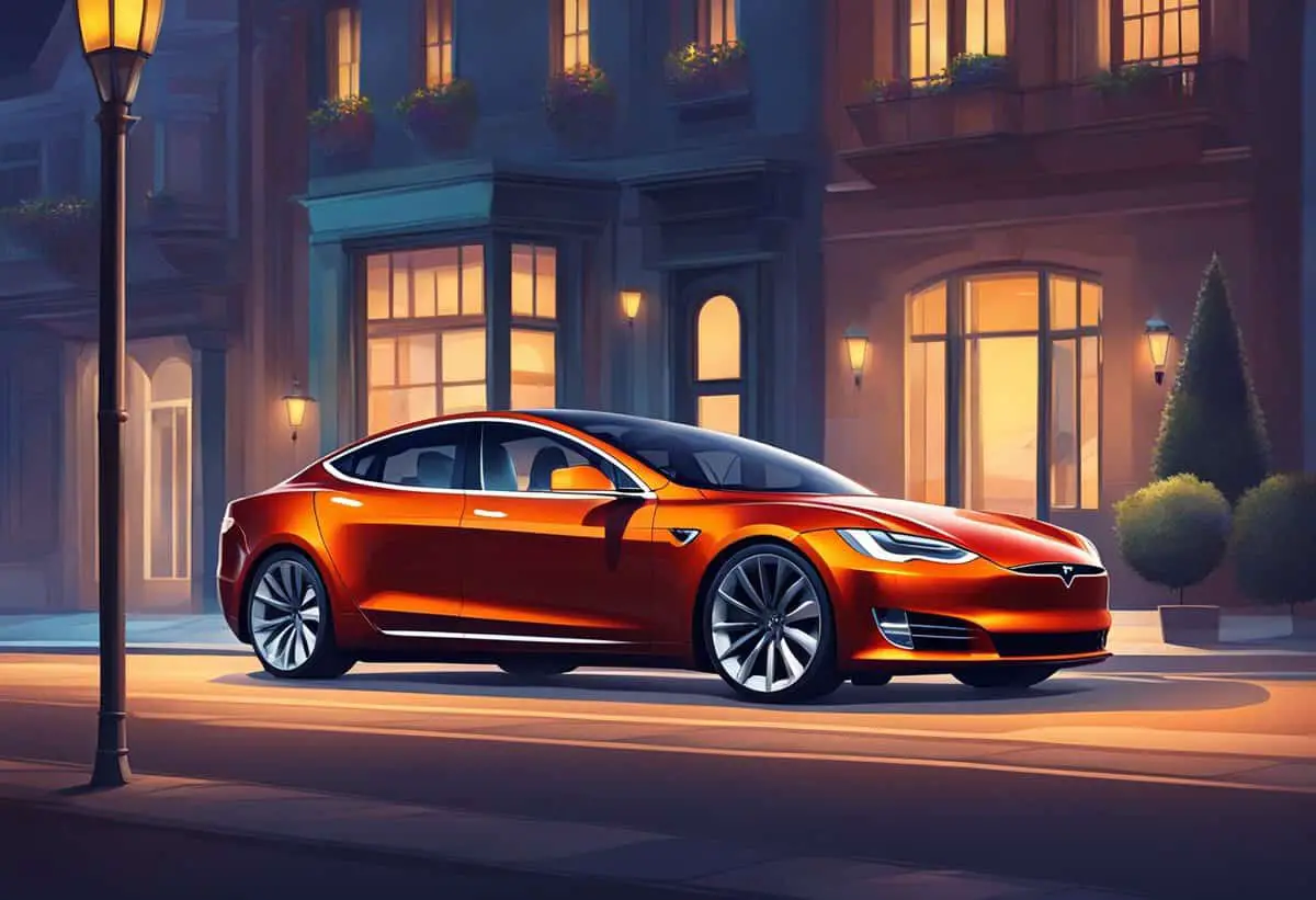 an illustration of a metallic orange tesla electric car parked in front of a house at night