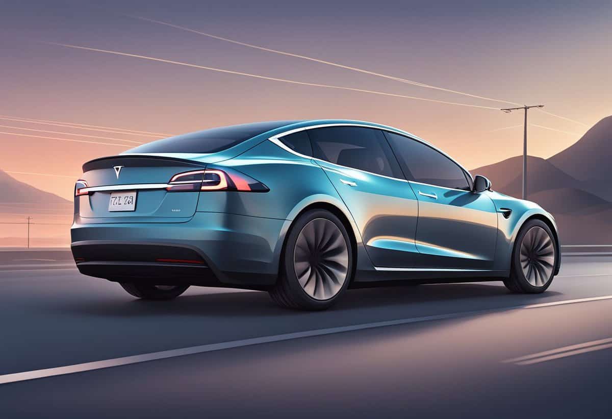 an illustration of a metallic blue tesla driving along a road at sunset