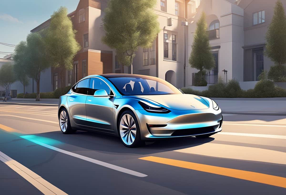 an illustration of a metallic blue tesla driving along a city street during the day