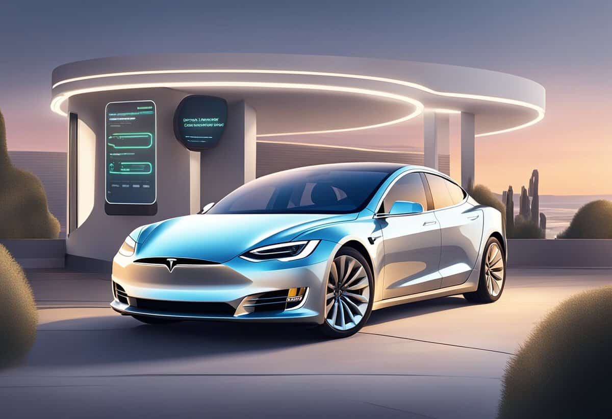 an illustration of a metallic blue tesla electric car parked at a futuristic charging station