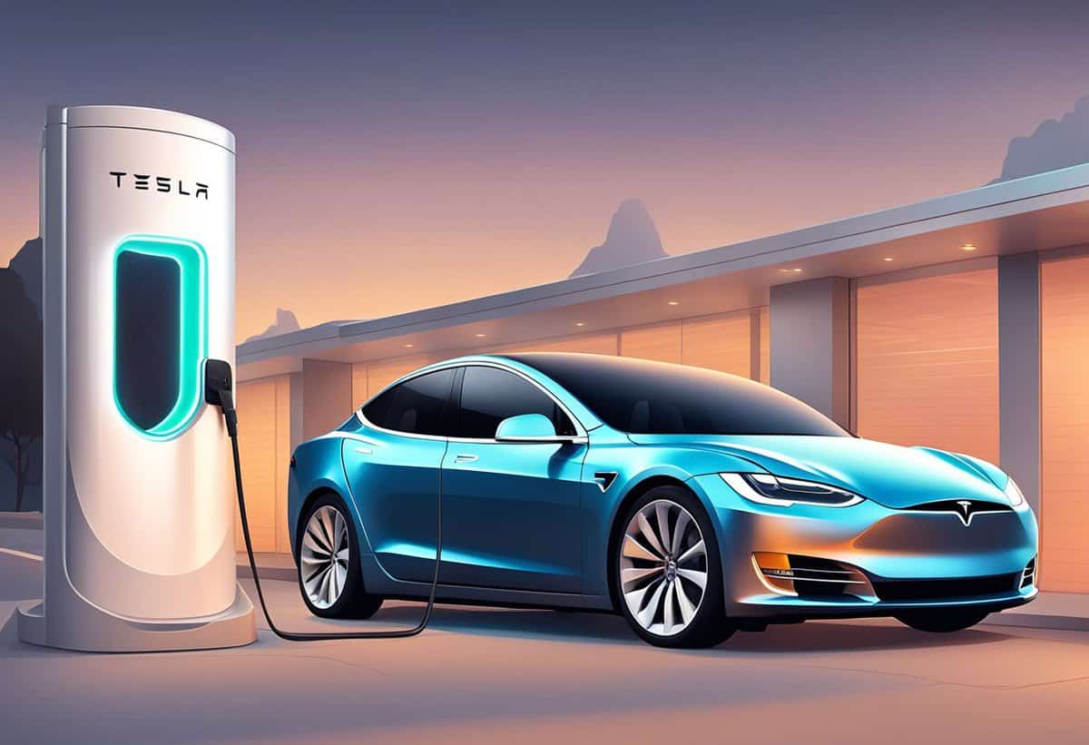an illustration of a metallic silver blue tesla electric car being charged at a tesla supercharger point