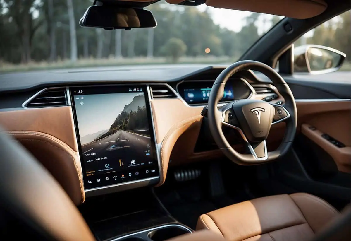 photo of interior of a tesla electric car with brown leather