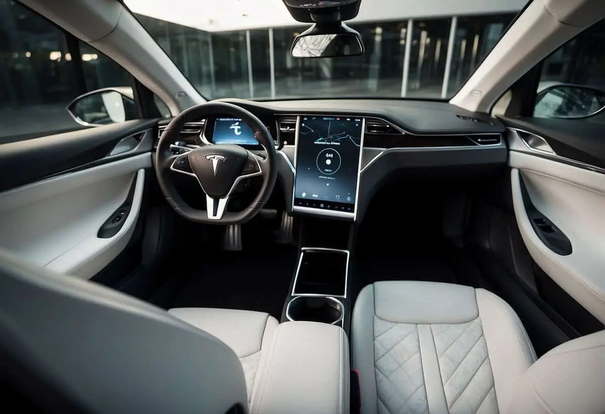 photo of interior of tesla electric car showing white leather interior, wide angle