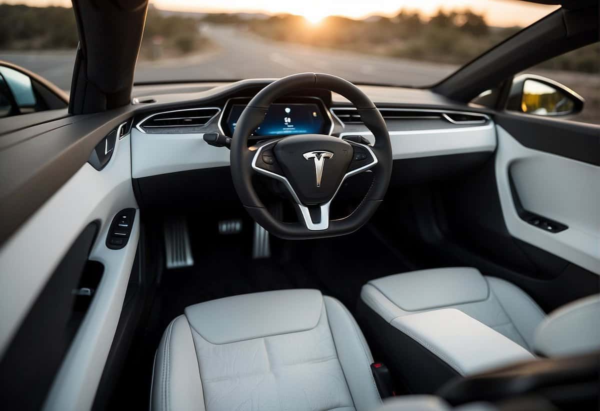 photo of interior of tesla electric car showing white leather interior, wide angle