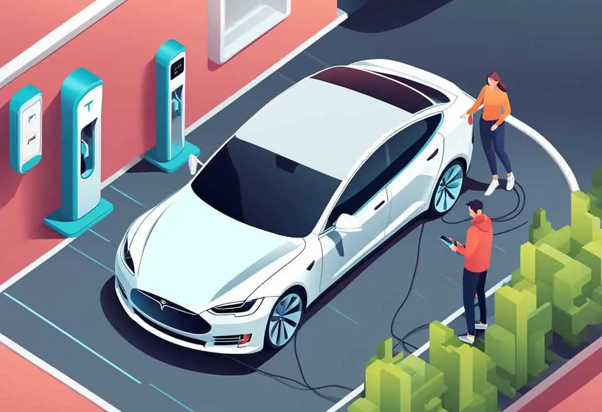 an isometric image of a white tesla electric car being charged at a charging station with a man and a woman