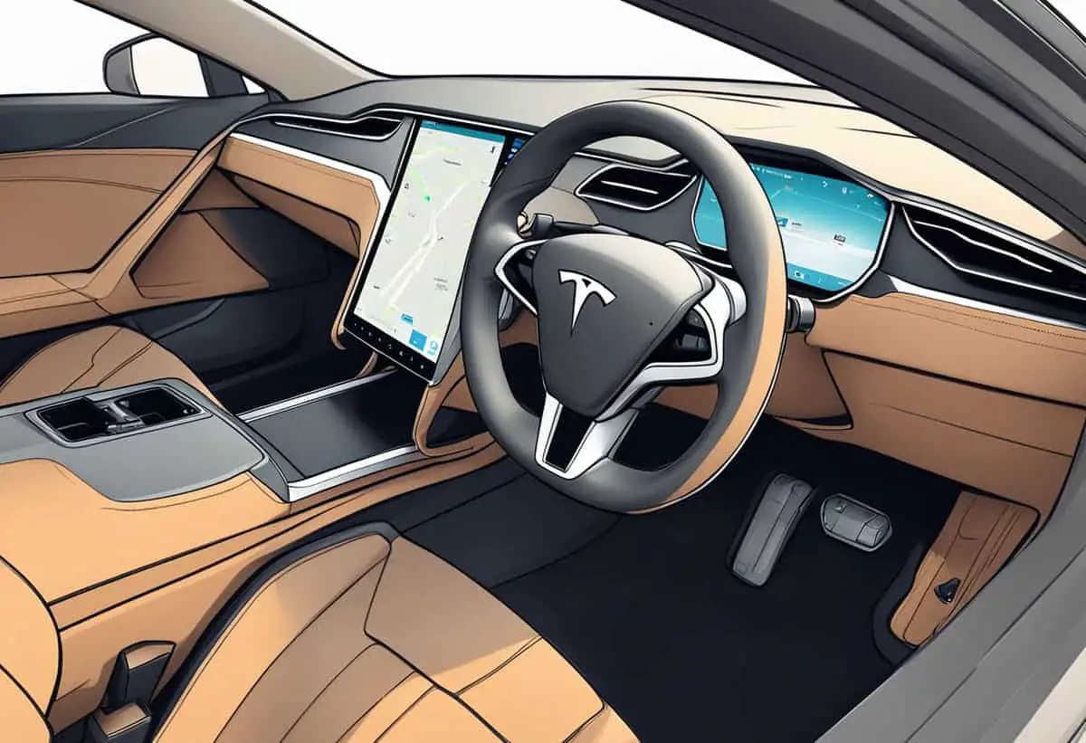 A Tesla vehicle with a broken Wi-Fi connection icon displayed on the dashboard screen