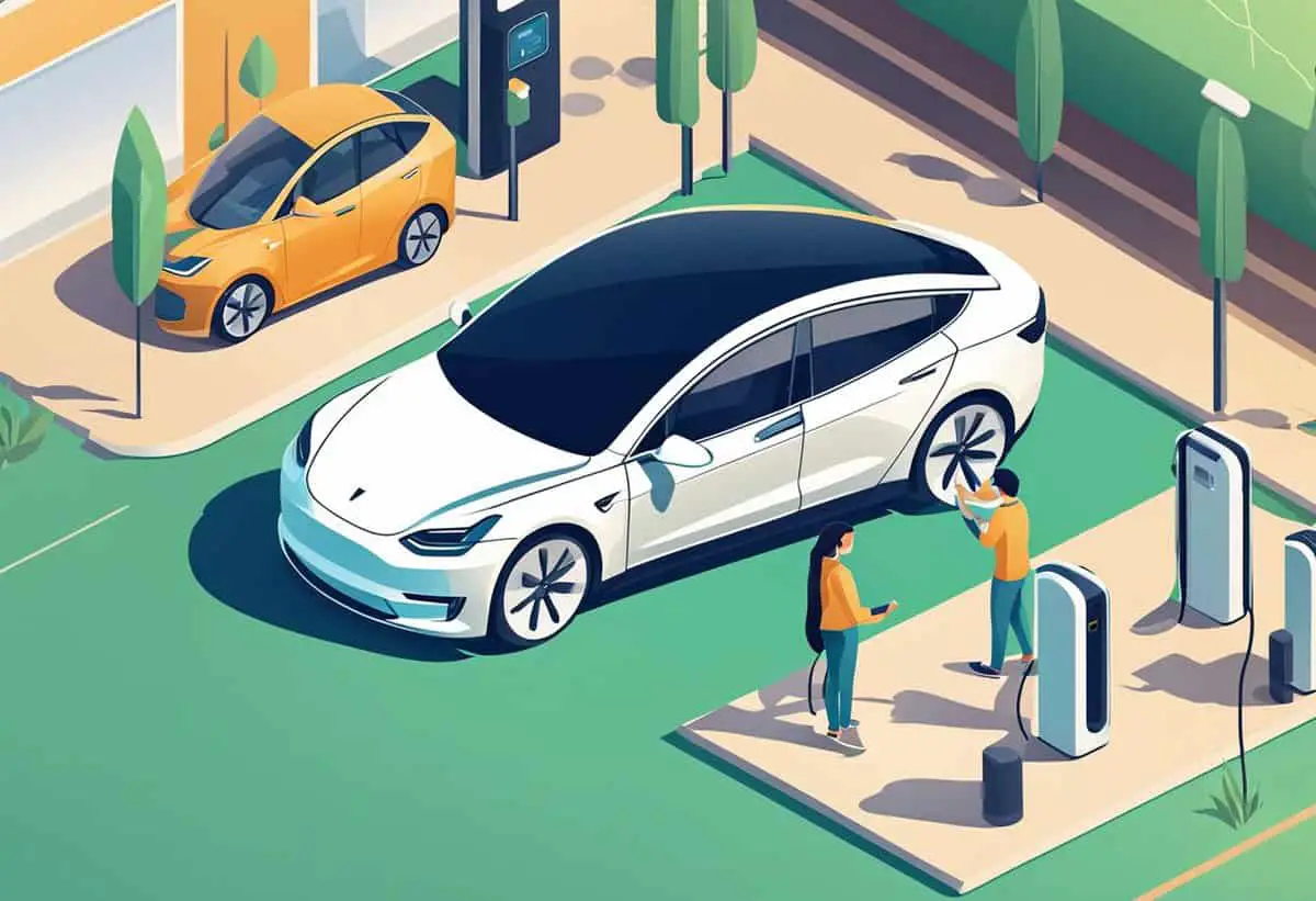 an isometric image of a white tesla electric car parked at a charging station
