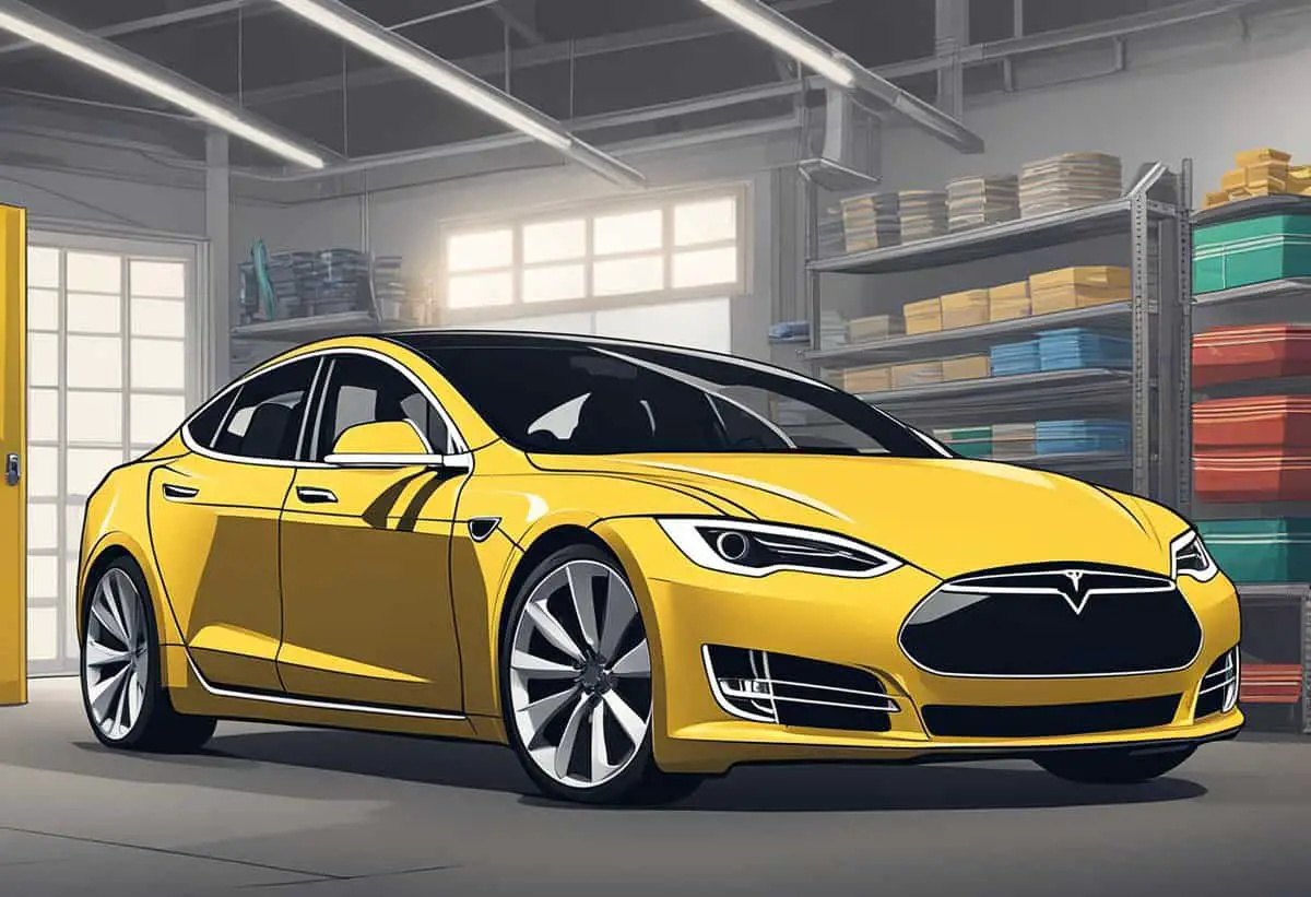 an illustration of a yellow wrapped tesla electric car in a wrapping workshop