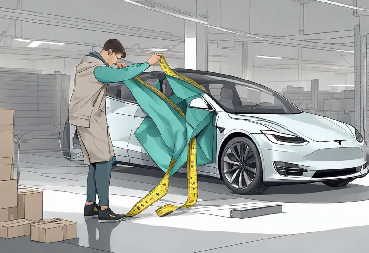 an illustration of a technician performing a wrap on a white metallic tesla electric car in a wrapping workshop