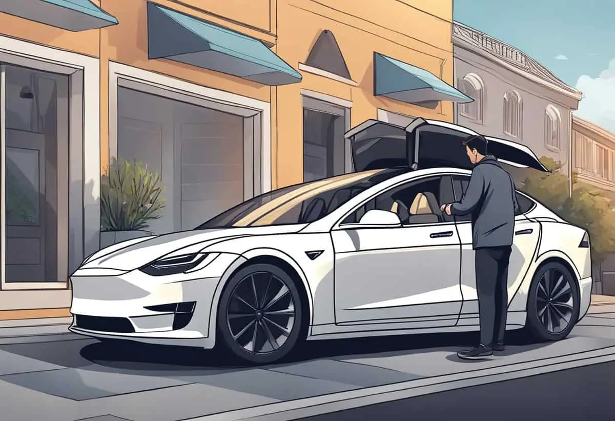 an illustration of a tesla electric car owner opening his white tesla car with the key fob
