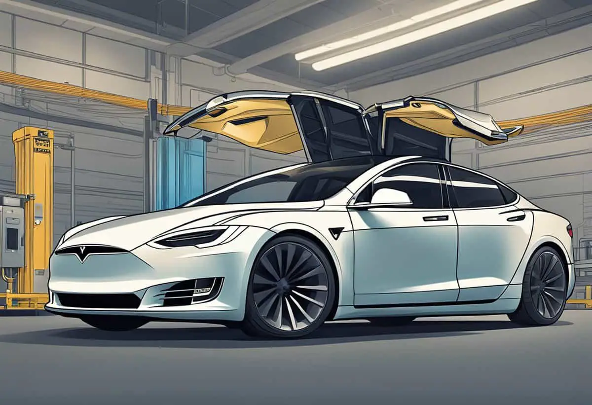 an illustration of a pearl white tesla electric car with its falcon-wing doors opened up, in a workshop