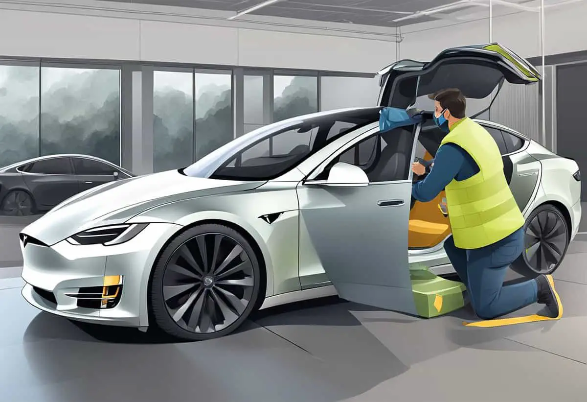 an illustration of a man in a high-vis jacket performing a wrap operation on a silver metallic tesla car