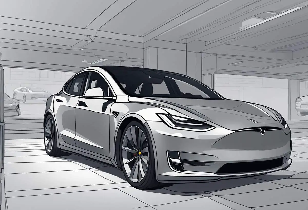grayscale illustration of a silver tesla