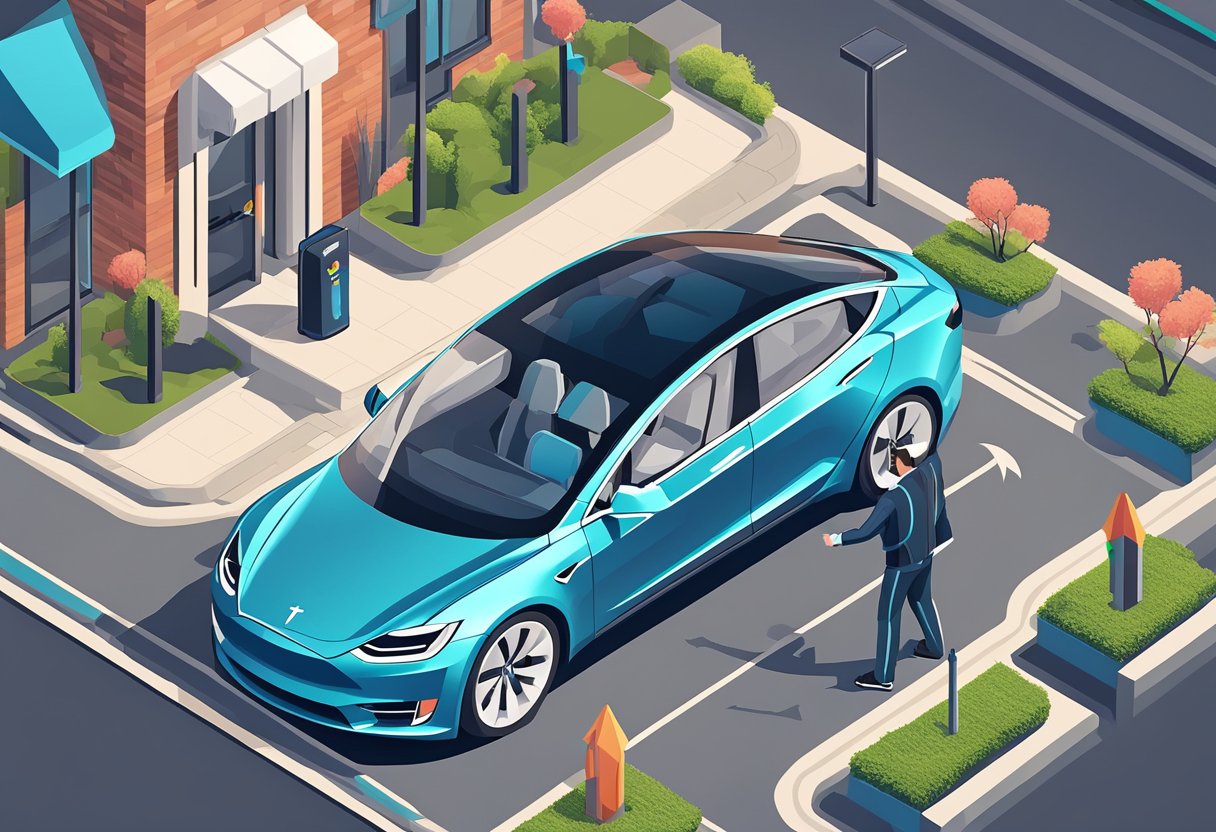 an isometric image of a metallic blue tesla parked in front of a house