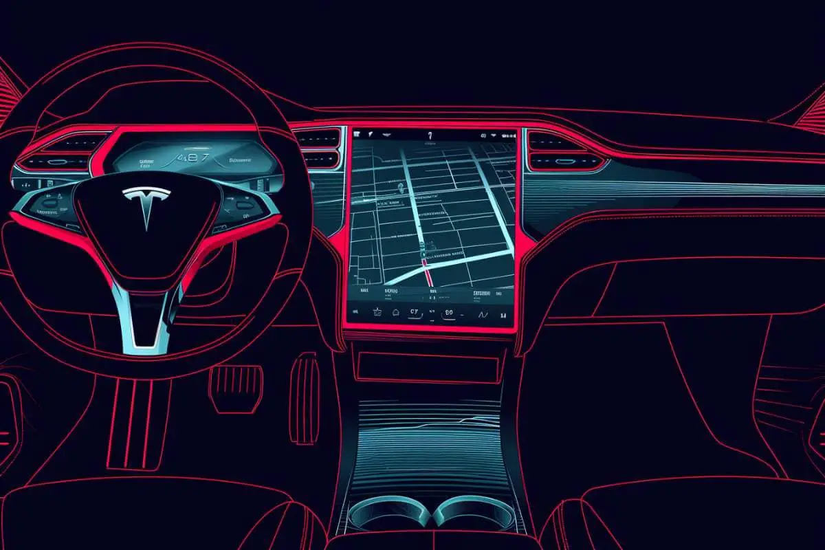 a line drawing of the interior of a tesla electric car in striking black and red