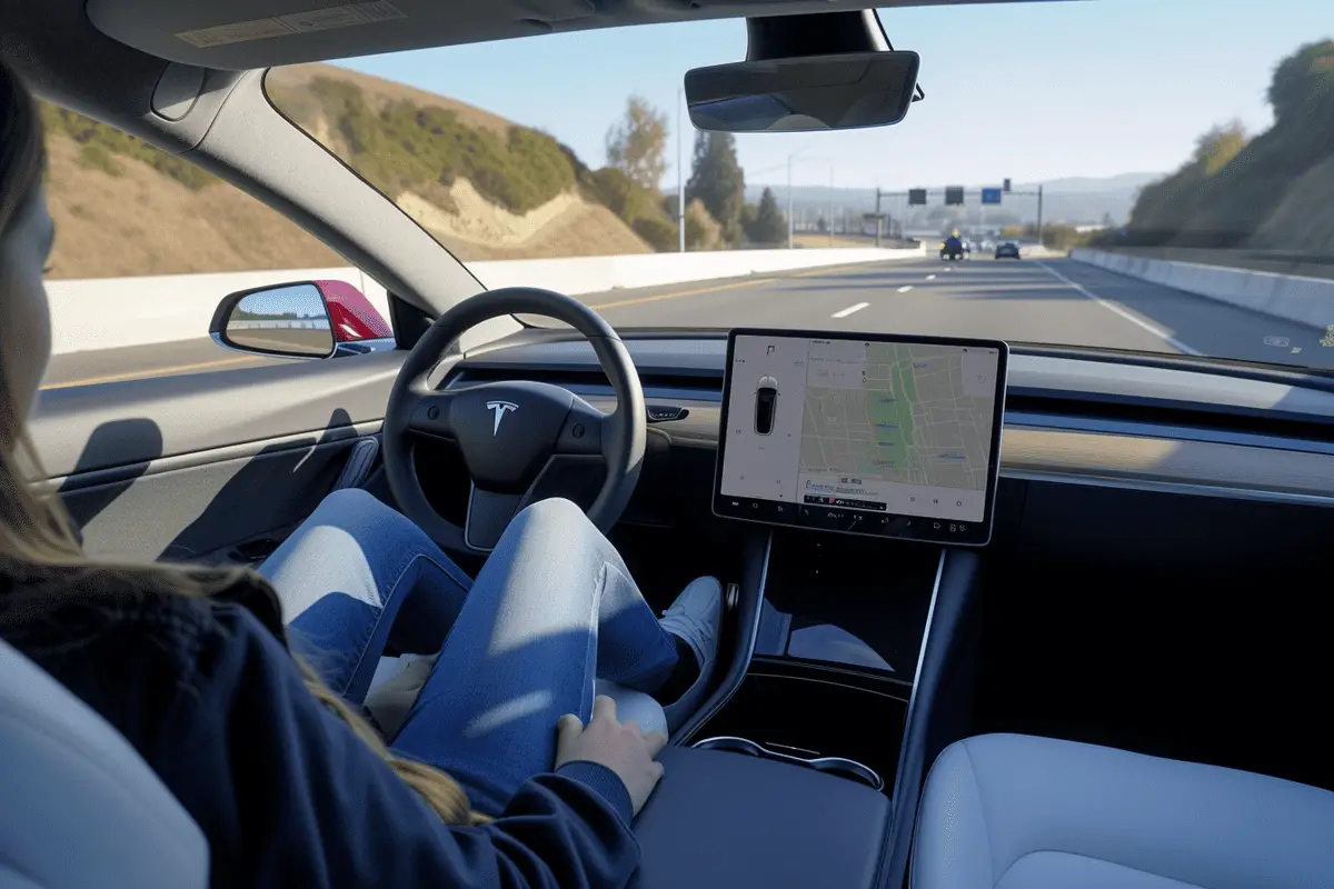 a woman sitting in the driver's seat of a tesla in autopilot mode, hands by her sides not touching the steering wheel, on busy road