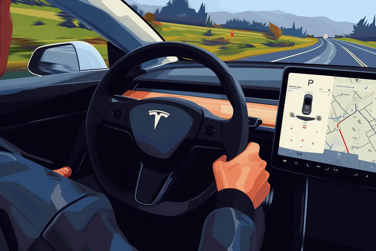 an illustration of a man driving a tesla electric car on the highway