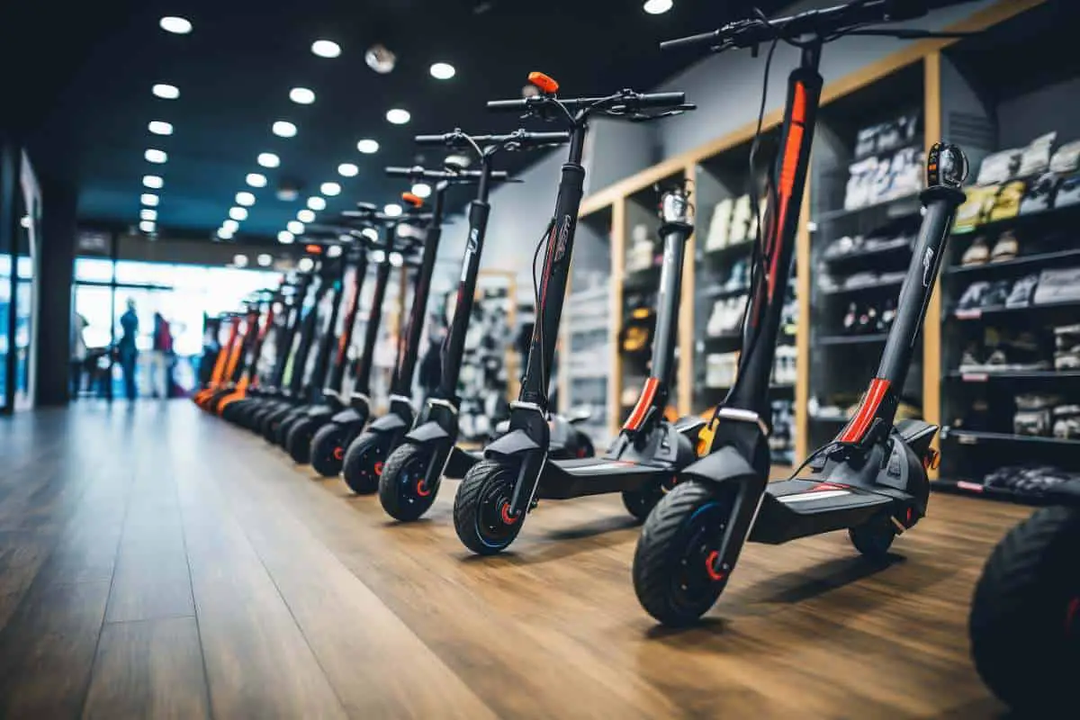 line of new electric scooters in the shopping mall