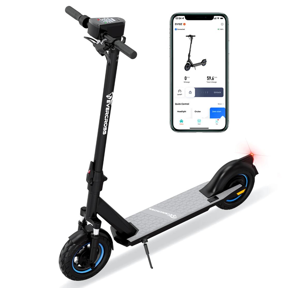 evercross ev10z electric foot scooter product image showing scooter parked and mobile phone app display