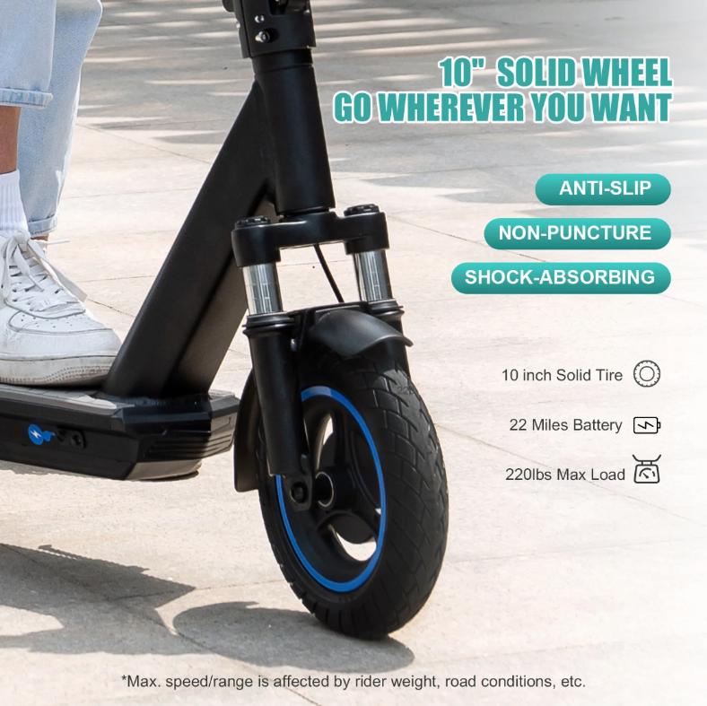 evercross ev10z electric foot scooter product image close up of front wheel and suspension