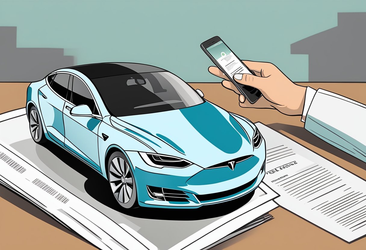 A person holding a Tesla Insurance policy document, with a hand reaching out to a phone to cancel the insurance