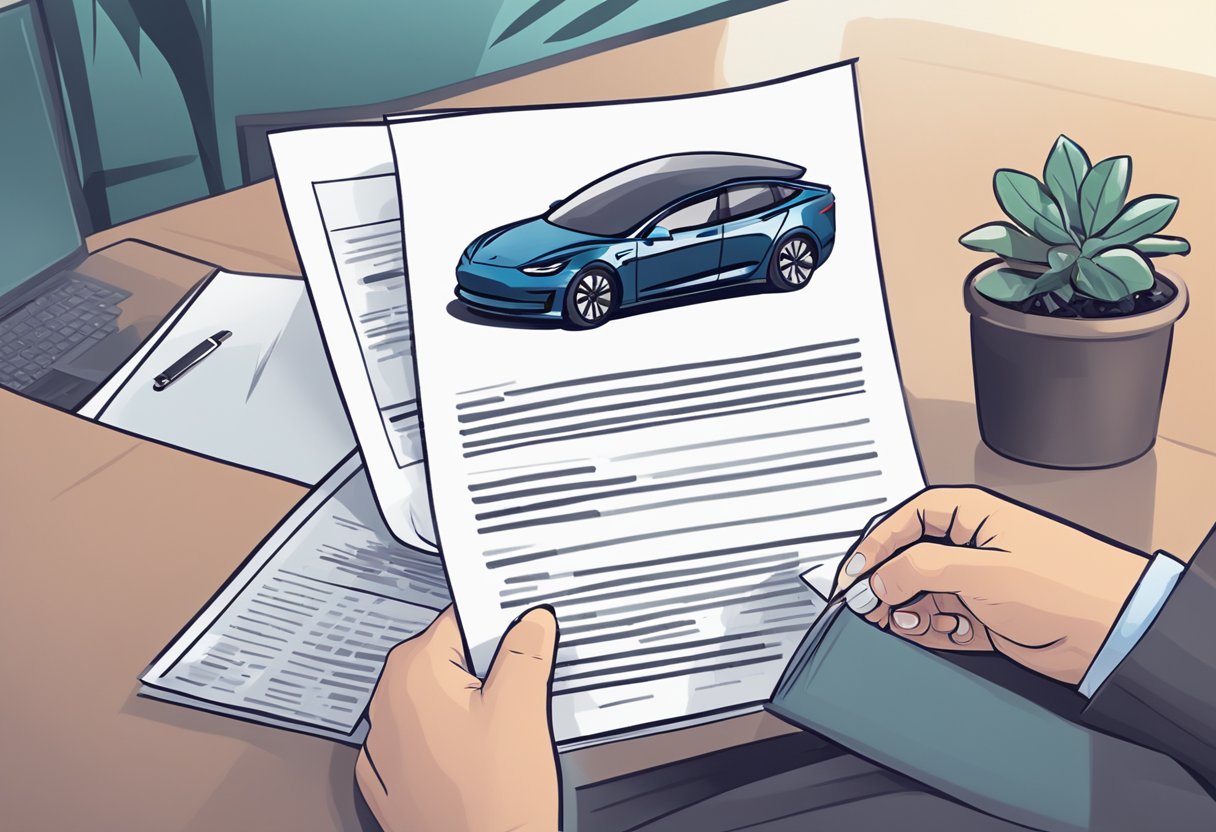 A person holding a cancelled Tesla insurance policy while reviewing legal and financial documents