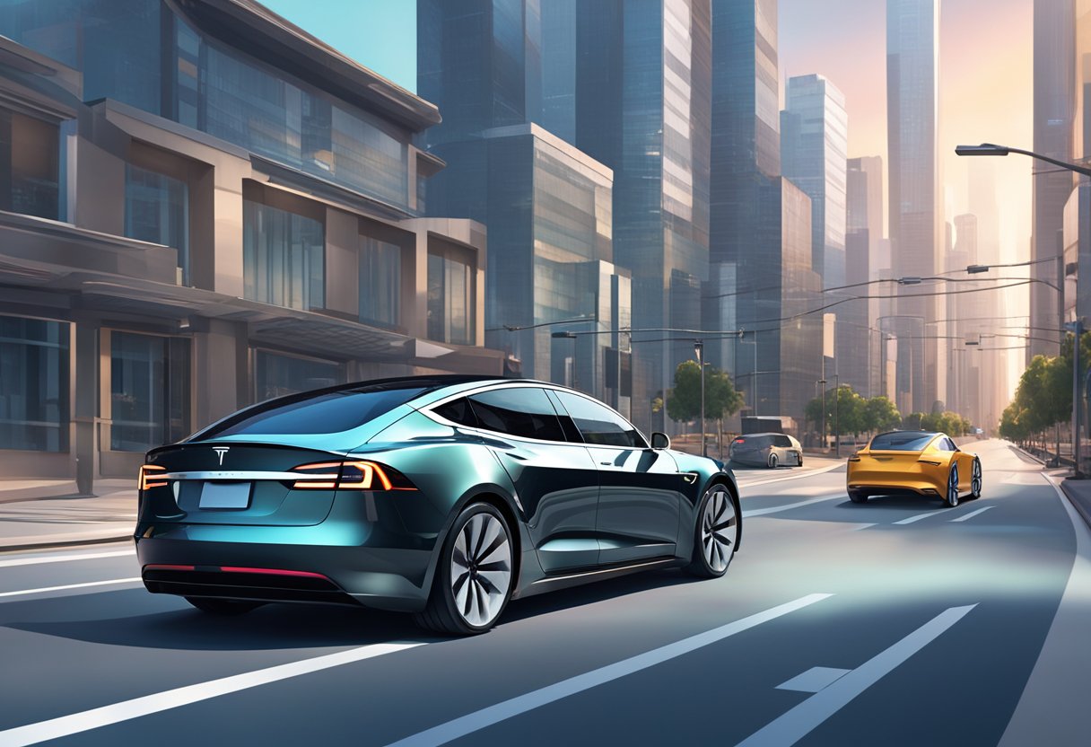A sleek Tesla car drives through a futuristic cityscape, with buildings and roads reflecting the latest software update, 2023.20.8