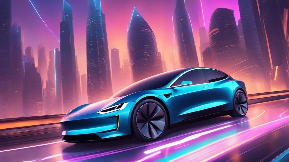 A sleek Tesla Model 2023.20.8 glides through a futuristic cityscape, surrounded by towering skyscrapers and neon lights